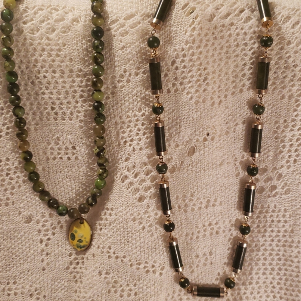 Two jade like glass beaded necklaces !